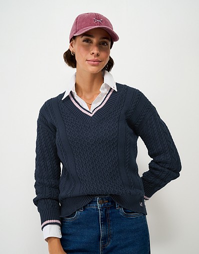 Oversized Tipped Cable Jumper in Navy and Pink