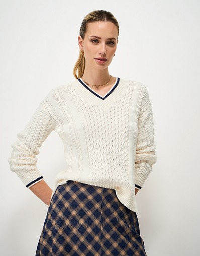 Oversized Tipped Cable Jumper in Beige and Navy