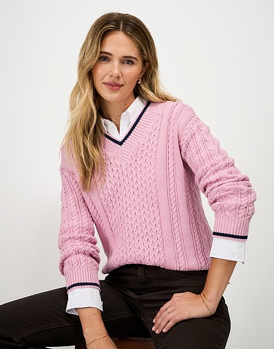 Oversized Tipped Cable Jumper in Pink and Blue
