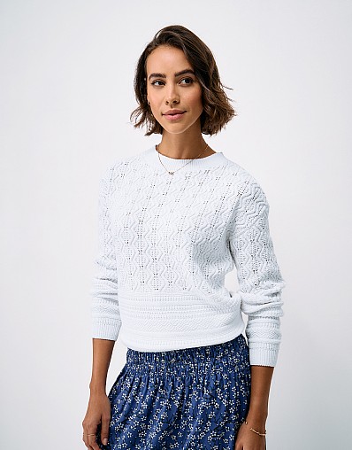 Cable Patchwork Drop-Sleeve Jumper in White