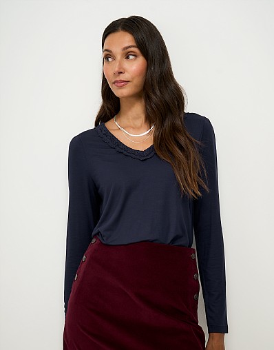 Lace Trim Modal Top in Navy