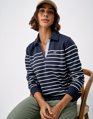 Sandy Flip-Collar Sweat in Navy and White Stripe