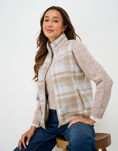 Jacquard Fleece Gilet in Beige and White Check