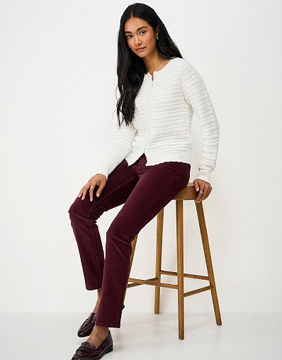 Velvet Five Pocket Straight Leg Trousers in Wine Red
