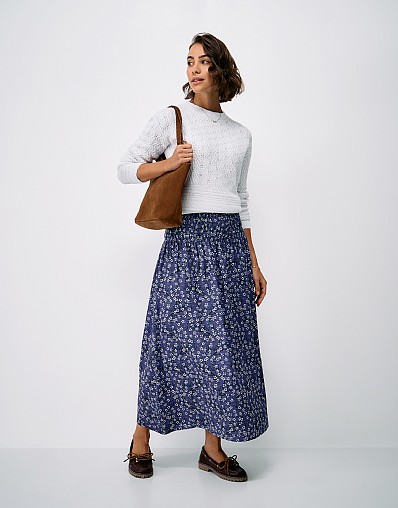 Stella Shirred-Waist Skirt in Blue Floral Print