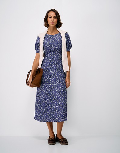 Ella 3/4 Length Sleeve Tea Dress in Blue Floral Print