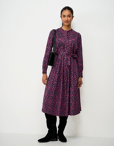 Abigail Pintuck Midi Dress in Navy and Pink Blossom