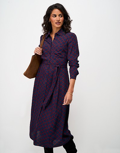 Long Sleeve Sienna Shirt Dress in Navy & Red Rope Print