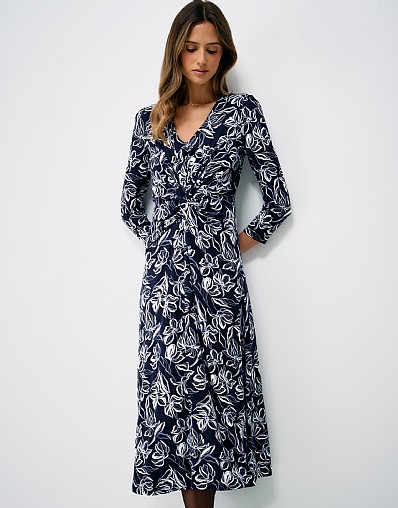 Flora 3/4 Length Sleeve Jersey Dress in Navy Floral Print