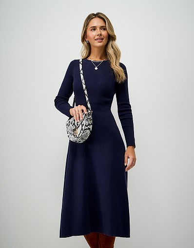 Mixed Rib Crew Neck Dress in Navy