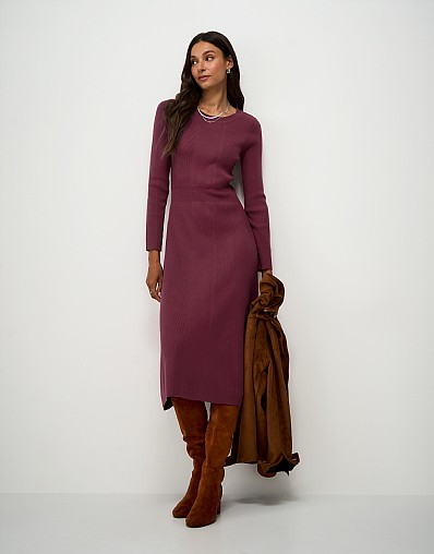 Mixed Rib Crew Neck Dress in Dark Red