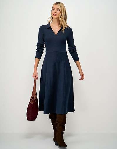 Poppy Knitted Scallop-Edge 3/4 Sleeve Dress in Navy