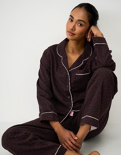 Cotton Flannel Pyjama Set in Chocolate Leopard Print