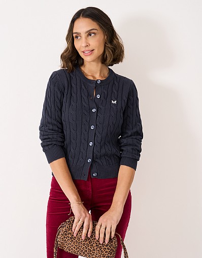 Cotton Heritage Cable Knit Cardigan in Navy
