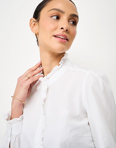 Pie Crust Ruffled Cotton Shirt in White