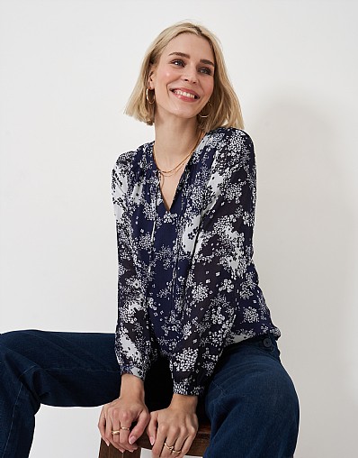 Mila Tie Neck Blouse in Navy Floral
