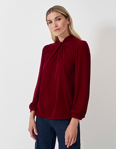 Georgia Twist Front Velvet Top in Red