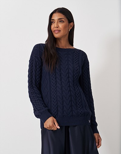 Multi Cable Knit Boat Neck Jumper in Navy