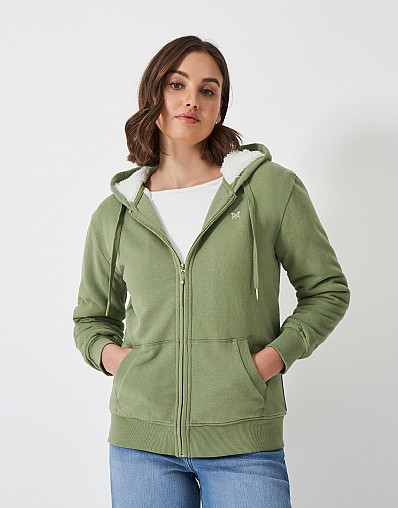 Borg Zip Through Hoodie in Green