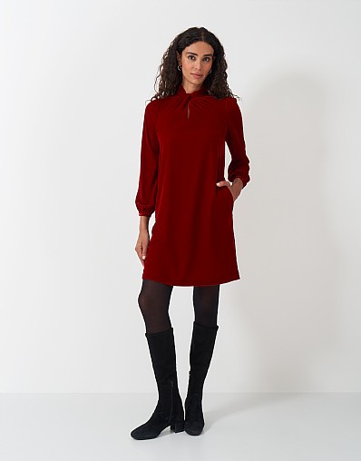 Twist Front Velvet Shift Dress in Red