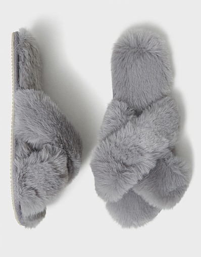 Faux Fur Crossover Slippers in Grey