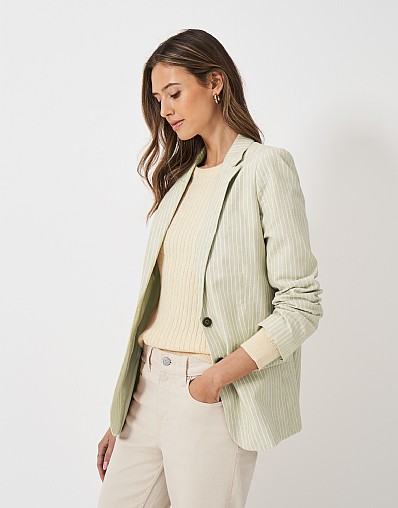 Linen Blend Blazer in Oat White Stripe