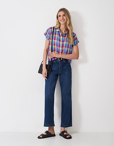 Short Sleeve Check Linen Blend Shirt in Multi