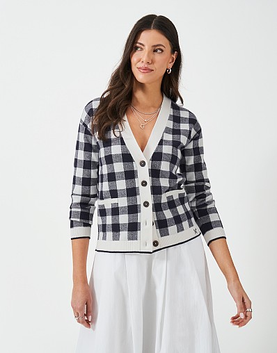 V Neck Check Cardigan in Navy and White