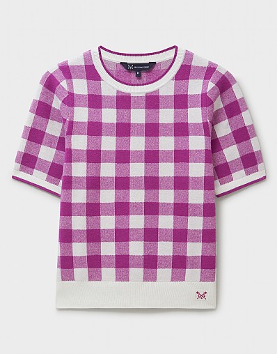 Women's Knitted Check T-Shirt in Pink White from Crew Clothing