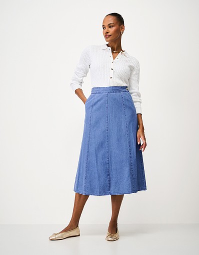 Harper Cotton Denim Midi Skirt in Blue
