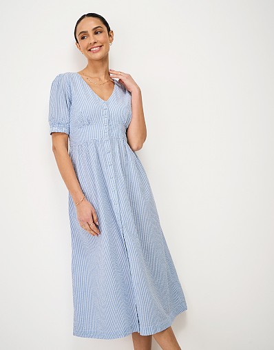 Abby Cotton Button-Through Dress in Blue & White Stripe