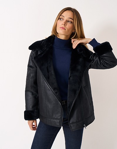 Faux Shearling Aviator Jacket in Black