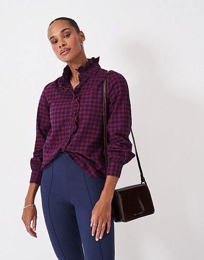 Harmony Frill Flannel Blouse in Burgundy and Navy