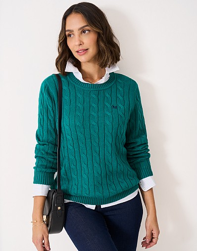 Crew Neck Chunky Heritage Cable Knit Jumper in Green