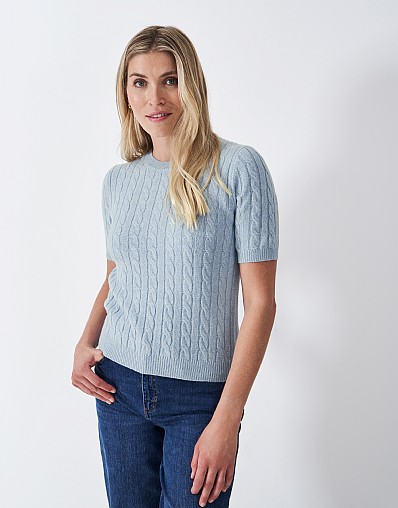 Harmony Merino Blend Cable Crew Neck Short Sleeve Top in Blue