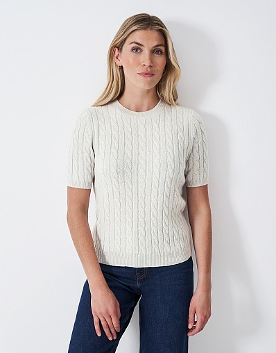 Harmony Merino Blend Cable Crew Neck Short Sleeve Jumper in Grey
