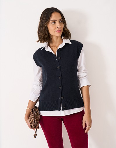 Harmony Merino Blend Button Through Knit Vest in Navy