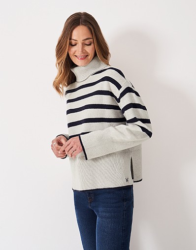 Harmony Merino Blend Drop Shoulder Funnel Neck Jumper in Grey & Navy Stripe
