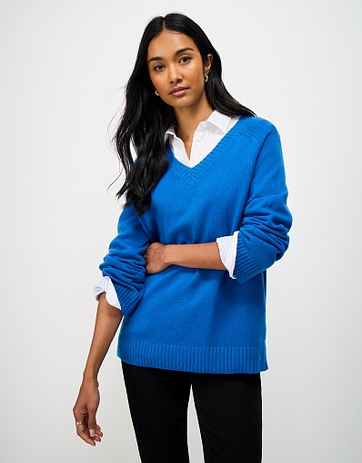 Harmony V Neck Saddle Shoulder Jumper in Blue