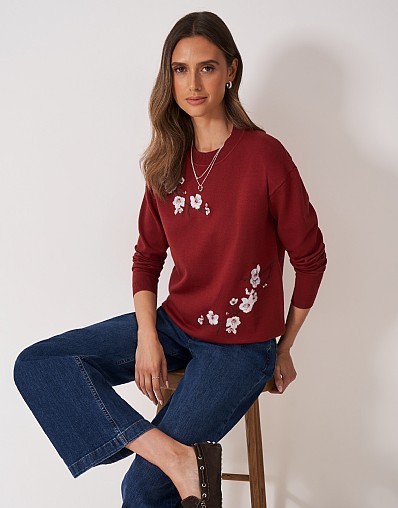 Fleur Jacquard Drop Sleeve Jumper in Red