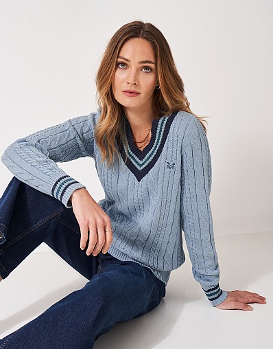 Cricket Cable Knit Jumper in Blue & Navy