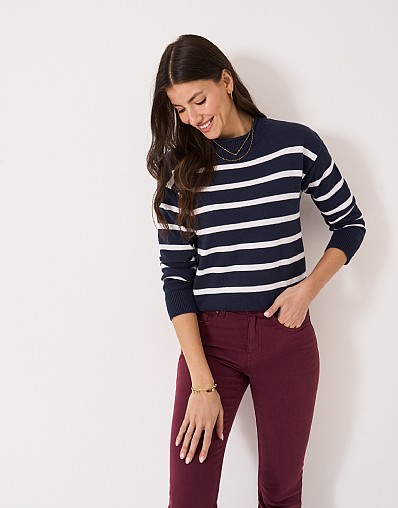 Roll-Edge Striped Cotton Jumper in Navy & White