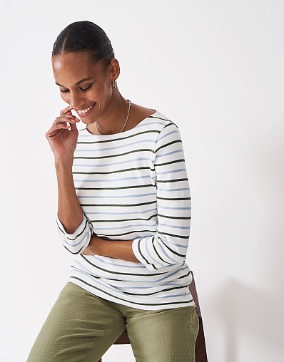Ultimate Breton Top in White, Blue & Olive Stripes