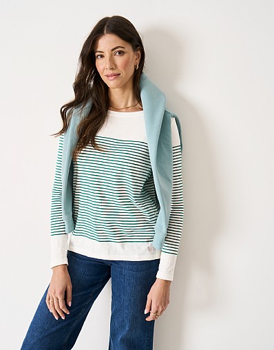 Cotton Cassandra Top in White & Green Stripes