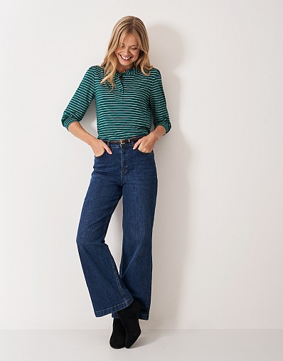 Frill Collar Jersey Blouse in Green and White Stripe