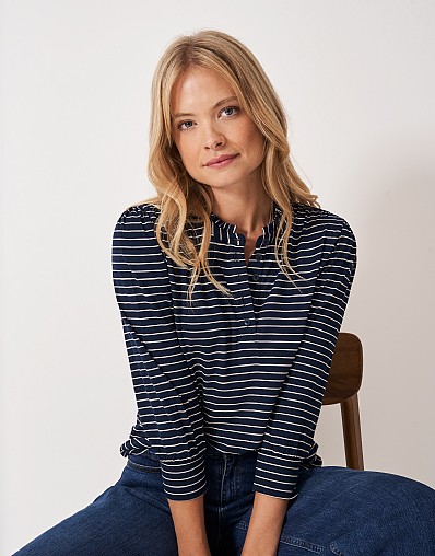 Frill Collar Jersey Blouse in Navy and White Stripe