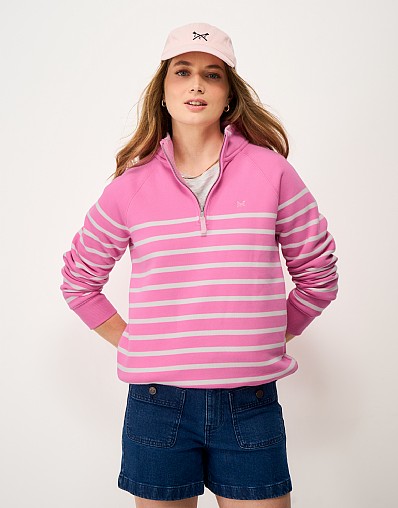 Half-Zip Stripe Sweatshirt in Bright Pink & White