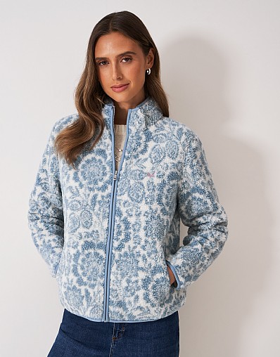 Boucle Bonded Zip Through Fleece in Blue and Floral Print