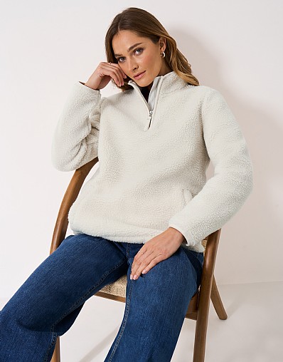 Boucle Bonded Half Zip in White