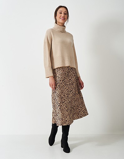 Rowen Satin Slip Midi Skirt in Brown Leopard Print
